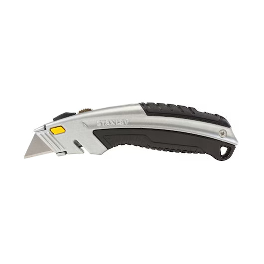 The STANLEY® INSTANTCHANGE™ Retractable Blade Utility Knife by STANLEY features a silver and black ergonomic handle, textured grip, and yellow button, shown on a white background.